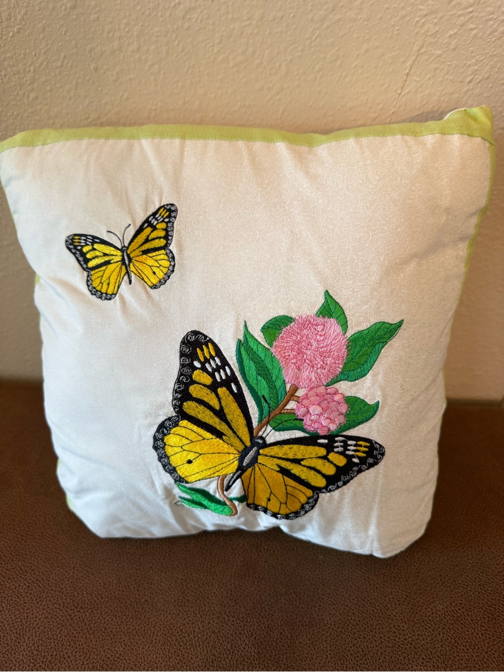 Butterfly Embroidered Accent Pillow - White and Yellow